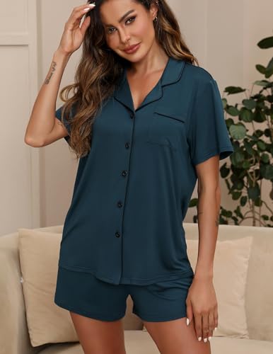 Image of ZMJ Pajamas for Women Set 2 Piece Pj Short Sets Bride Sleepwear Button Up
