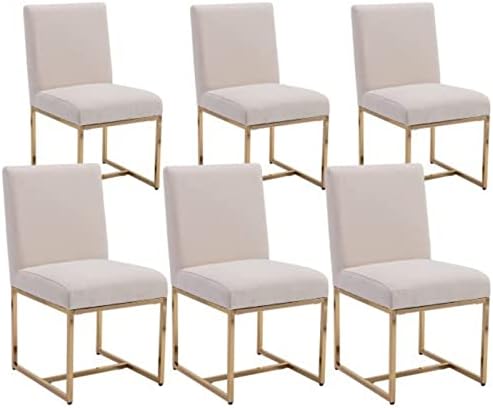 RIVOVA Contemporary Linen Upholstered Dining Chairs with Golden Base Set of 6, Comfort Side Chairs for Dining Room, Dining Room Chairs, Cream