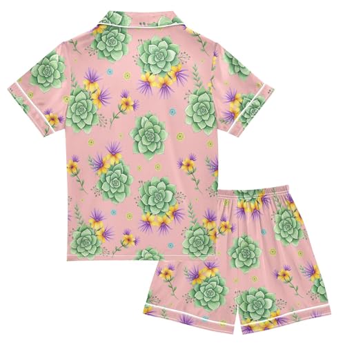 Satin Pajama Sets Short Sleeve Succulent Floral Pattern Print Button Down Silky Nightwear 2 Piece PJS 5-14Y2