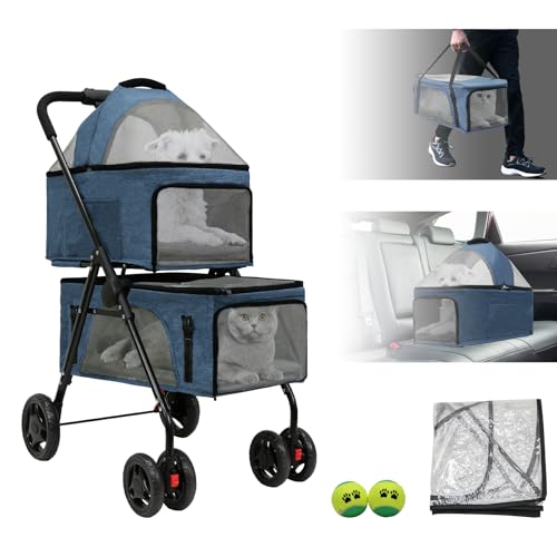 BESTHLS Double Pet Stroller for 2 Small Dogs or Cats Lightweight Foldable Double Dog Stroller with Detachable Carrier for Travel Camping (Navy)