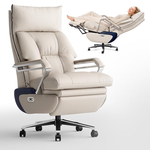 M80 Dual Motor Electric Executive Office Chair with Foot Rest, Comfortable Reclining Office Chair Wide Seat, Big and Tall Ergonomic Leather Home Office Desk Chair 420lbs (Beige)