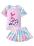 JiAmy Mädchen Badeanzug 2 Teilig, Kurzarm Schwimmshirt mit Rock Badeshorts UV Schutz Badebekleidung Kinder Mädchen Schwimmanzug Bademode 3-4 Jahren, Gr.98/104