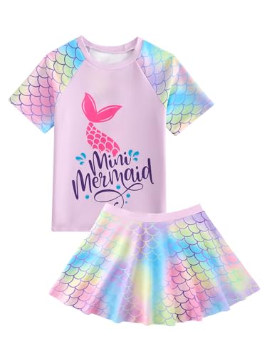 JiAmy Mädchen Badeanzug 2 Teilig, Kurzarm Schwimmshirt mit Rock Badeshorts UV Schutz Badebekleidung Kinder Mädchen Schwimmanzug Bademode 3-4 Jahren, Gr.98/104