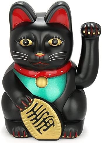 6" Black Lucky Cat Waving Moving Arm Chinese Oriental Fortune Maneki Neko Feng Shui Money Decoration Gift Home Office Decor