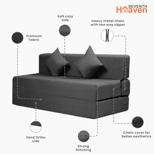Image of Seventh Heaven Rejioce 3 Seater 5 * 6 Jute Fabric Washable Cover Sofa Cum Bed with 2 Cushions 3 Seater Double Foam Fold Out Sofa Cum Bed (Finish Color - Dark Grey Delivery Condition - Pre-Assembled)