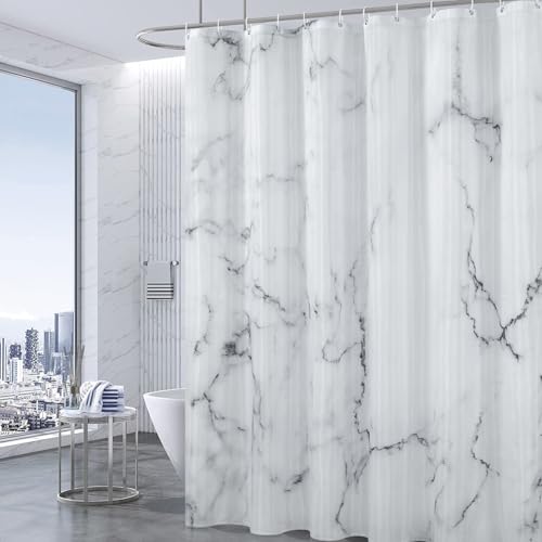 BLESFOREVER Grey White Marble Shower Curtain Set with 12 Hooks Abstract Modern Luxury Gray White Marble Shower Curtains for Bathroom Waterproof Fabric 72 W X 72 L