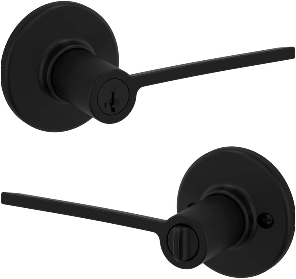 Kwikset Ladera Entry Door Handle with Lock and Key, Secure Keyed Reversible Lever Exterior, Doorlock, For Front Entrance and Bedrooms, Matte Black, Pick Resistant Smartkey Rekey Security