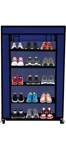 Image of Multi Utility 5 Layer Shelf Collapsible Metal Pipes with Non-Woven 100GSM Fabric Cover for Shoe /Cloth /Toy /Books Rack ((Dark Blue, Metal)