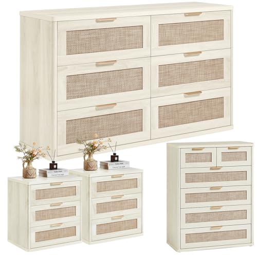 LEYAOYAO Rattan Dresser and Nightstand Set of 4, Boho Wood Dresser for...
