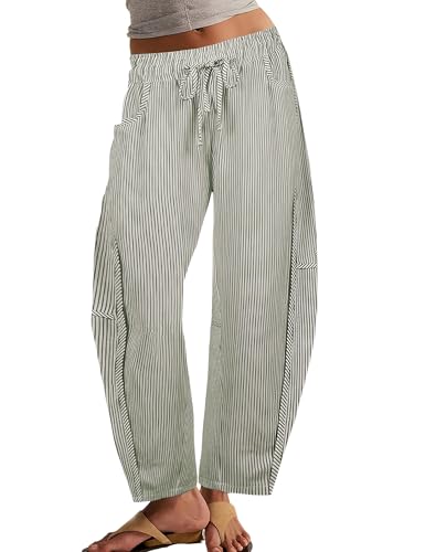 Athlisan Women's Striped Barrel Pants Casual Drawstring Elastic Waisted Wide Leg Baggy Jeans with Pockets
