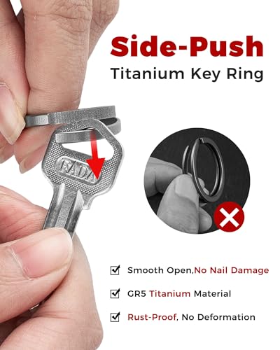 Image of FEGVE Titanium Key Clip with Side Push Key Ring & 2 /3″ D Ring for Car Key | Gr5 Titanium, Lightweight Rustproof, Anti-deform Integrated Spring Clip, Nail-Safe Side Push Ring, Thick-Key D-Ring