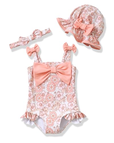 Image of Renotemy Baby Girl Swimsuit Infant Bathing Suit Swimwear Sleeveless Bikini Tankini Toddler Girl One-Piece Swimsuit with Hat