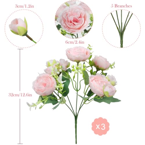 3 Bunches Peony Artificial Flowers Silk Peonies Bouquets Fake Flowers for Table Centerpieces Floral Arrangement Faux Flowers for Home Kitchen Garden Party Wedding Decoration (Pink) image 4