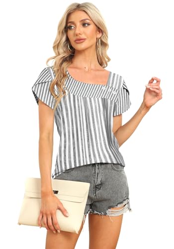 Image of Womens Petal Sleeve Tops Summer Trendy T Shirt Casual Loose Square Neck Button Blouse Tees