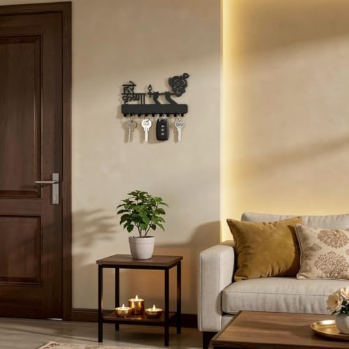 Image of Metal Lord Krishna with Flute Key Holder | Decorative Wall-Mounted Key Rack & Organizer for Entryway, Hallway, Kitchen | Sturdy Hanger for Keys & Accessories (26x16 cm, 9 Hooks)
