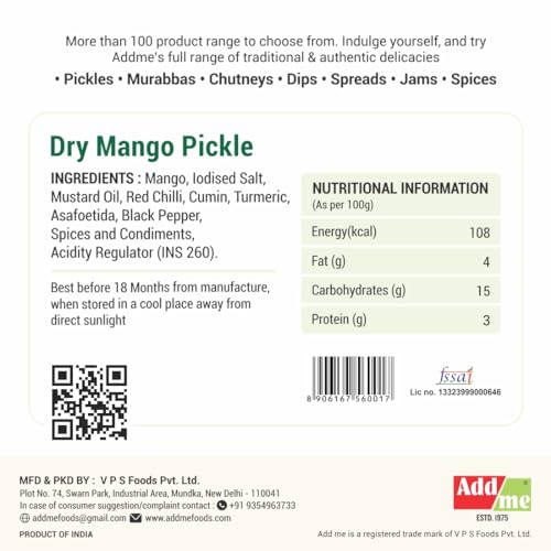 Add Me Home Made Dry Mango Pickle Less Oil 500gm Aam ka Achar 500 gm Glass jar