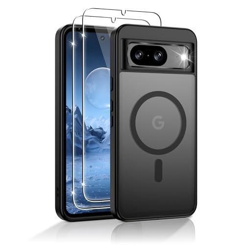 Jshru Magnetic for Pixel 8 Case Compatible with Magsafe with HD Screen Protectors X2 [Durable & Sturdy] Slim Translucent Protective Cover Google Pixel 8-Black