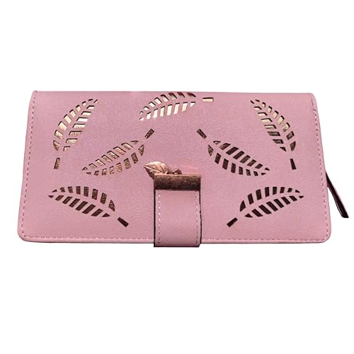 Women's long wallet, hollowed-out gold leaf pattern, double-folding zipper double-layer bag, 12 card slots, large-capacity zipper seal, 3.74 × 7.48 inches, pink purple3
