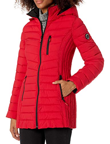 Nautica Women's Stretch Midweight Puffer Hooded Jacket, Nautica Red, Small
