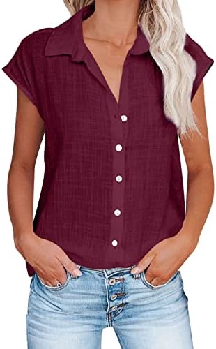 SMIDOW Womens Button Down Cotton Linen Shirts V Neck Roll Up Short|Long Sleeve Blouses Loose Collared Shirt Casual Work Tops