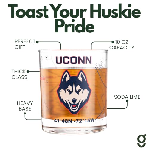 Image of Greenline Goods University of Connecticut Huskies Whiskey Glasses Set of 2, 10 oz Rocks Glasses with Full-Color Logo & Campus Map - Officially Licensed Bourbon Glass Gift for Alumni & Fans
