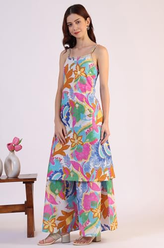 Image of W for Woman Orange Abstract Printed Tiered Spaghetti Kurta and Leggings Set with Dupatta