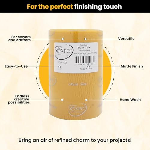 Image of Expo International Decorative Matte Tulle, Roll /Spool of 6 inch X 100 Yards, Lightweight Polyester Tulle Fabric for Tutus, Costumes, and Party Decorations, Washable, Easy-to-Use, Light Gold
