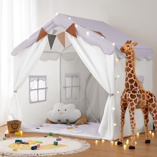 besrey Tienda de Campaña Infantil 2 en1 con Alfombra Acolchada, Luces y Banderas, Casita Infantil Tela de Juegos con 2 Puertas y 4 Ventanas, Cabañas para Niños (Lavanda)
