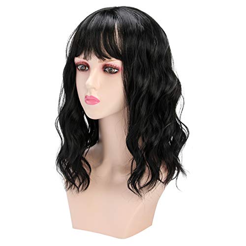 Chrider Wigs for Black Women, 16" Loose Wavy Natural Black Wigs with Air Bangs for Women, Shoulder Length Pastel Bob Synthetic Wig Nature Looking for Black Women, Cosplay Costume Wigs