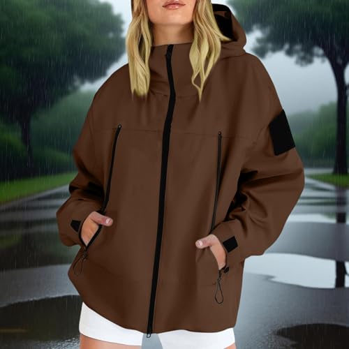 Womens Waterproof Rain Jacket Lightweight Hooded Windproof Raincoat Oversized Outdoor Windbreaker with Zipper Pockets2