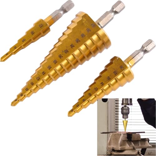 3 pcs HSS Step Bits, High Speed Steel Step Drill Bit Set (4-12mm, 4-20mm, 4-32 mm) Cone Drill Bits Hole Cutter,Cone Hole Cutter Drill Bits with Universal Hex Shank for Wood, Plastic and Sheet Metal 1 3 pcs HSS Step Bits, High Speed Steel Step Drill Bit Set (4-12mm, 4-20mm, 4-32 mm) Cone Drill Bits Hole Cutter,Cone Hole Cutter Drill Bits with Universal Hex Shank for Wood, Plastic and Sheet Metal