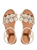 Verdusa Women's Summer Sandals Flower Leather Flat Sandals with Ankle Strap Beige 7.5