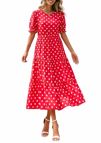 PRETTYGARDEN Summer Dresses for Women 2026 Casual Floral Boho Midi Sun Dress Puff Short Sleeve Flowy Beach Vacation Sundress (Polka Dot Red White,Small)