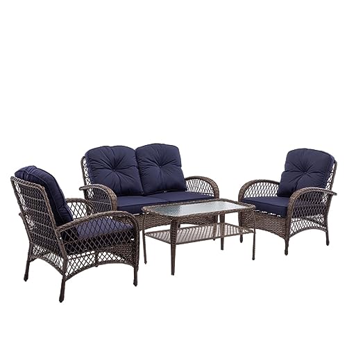4pcs Outdoor Furniture Wicker Set, Garden Conversation Brown Armchair, A Sofa, A Single Sofa, And A Coffee Table