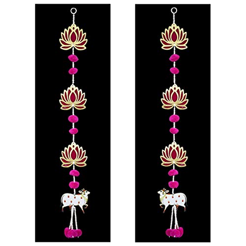 Image of Saugat Traders Handmade Lotus Hangings for Decoration with Pichwai Cow for Diwali Puja | Pink Lotus Wall Hangings for Temple, Mandir Back Drop Main Door Entrance | 1 Pair | 31.5 Inch Each
