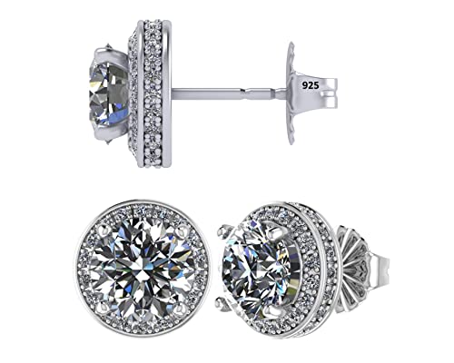 Round Halo Stud Earrings 0.85cttw-4.50cttw in Sterling Silver w/Pure Brilliance Zirconia, Hypoallergenic