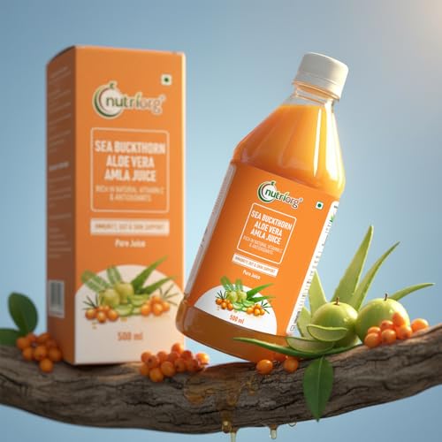 Image of Nutriorg Sea Buckthorn Aloe Vera Amla Juice, 500ml | Rich in Vitamin C, Omega 3-6-7-9 & Antioxidants | Immunity, Gut Health & Skin Glow | No Added Sugar | Ayurvedic Herbal Wellness Drink