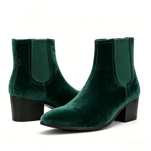 Image of Men'S Classic Leather Chunky Heel Chelsea Boots With Side Zipper Fashion Pointed Toe Elastic Band High Top Block High Heel Formal Chukka Booties For Casual Business Party Wedding