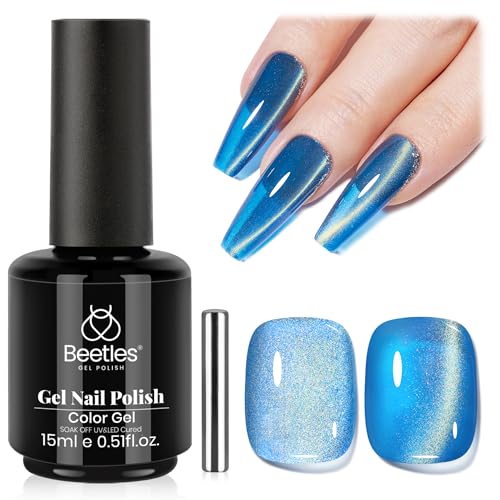 Image of Beetles Blue Cat Eye Gel Nail Polish - 15ML Blue Glass Cat Eye Glitter Magnetic Gel Polish Shimmer Soak Off UV Stellar Whisper Collection Nail Art Design Manicure Gifts for Women