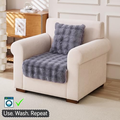 Image of HOKIPO 'FurHug' Luxury Faux Rabbit Fur Anti Slip Sofa Cover Mat, 1 Seater, Cool Grey (AR-5010-GRY*1)