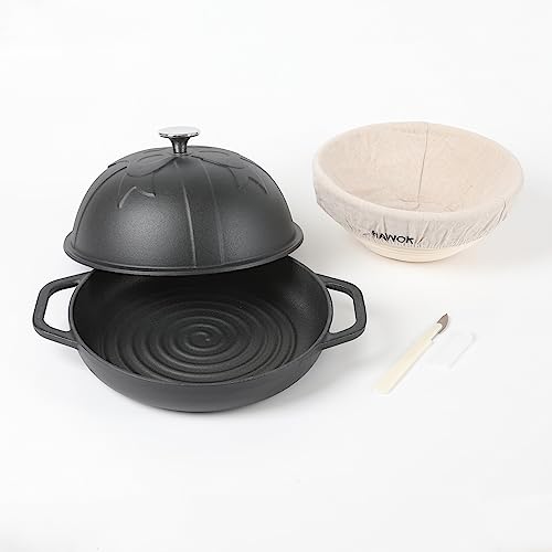 HAWOK Cast Iron Bread Oven with Cloche Lid, Dia. 9.8inch/25cm, 1.5qt, with Proofing Basket Dough Scoring Knife, Sourdough Baking Pan, Pre-seasoned Black