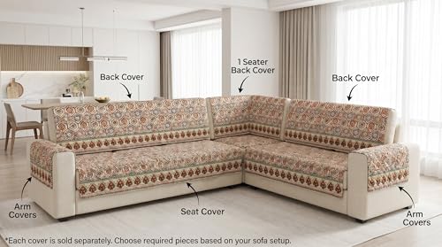 Image of Luxury Sofa Cover L Shape 5 Seater - Ivory Moroccan Hexagon 3+2 Seater (5 Seater) Quilted Sofa Cover Set Pack of 5, Washable, Ivory Rust