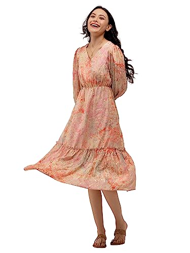 Image of AASK Abstract Printed Puff Sleeve Gathered Detailed Fit Flare Dress
