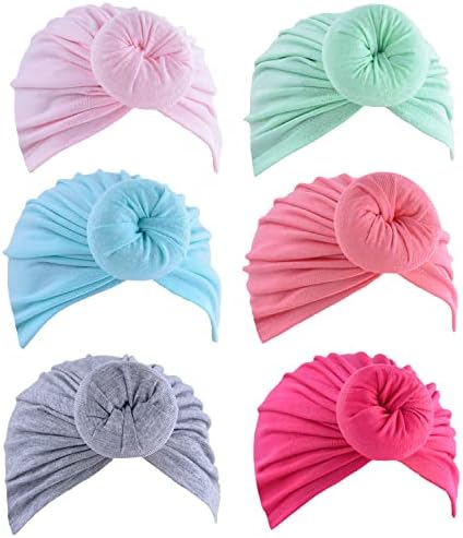 6 Pieces Baby Turban Hats Cotton Infant Knot Turbans Newborn Boys Girls Beanies Headwraps Toddler Kids Cap 0-1 Years