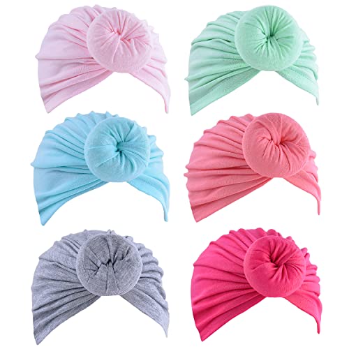 Image of 6 Pieces Baby Turban Hats Cotton Infant Knot Beanie Turbans for Newborn Girls Boys Soft Head Wrap Toddler Kids Cap