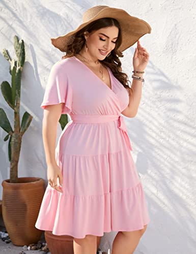 Image of KOJOOIN Women Plus Size V Neck Wrap Dress High Waisted Short Sleeves Summer Casual Midi Dress with Belt