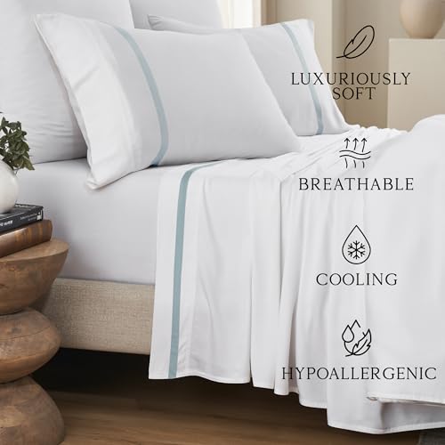 Image of KARISSA MAE 6 Piece Luxury Bamboo Viscose King Sheet Set, 4 Pillowcases | FSC Certified | Cooling | Ultra Soft | 18 inch Deep Pockets | Elastic Corner Straps | Includes Organizer Band [Signature Frame]