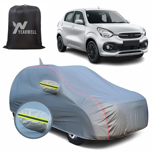 Image of Car Body Cover for Maruti Celerio, 100% Waterproof, Heat-Resistant with Mirror & Antenna Pockets, Soft Cotton Lining, Triple Stitched, Green Reflector (Metallic Grey)