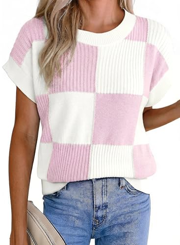 Image of EVALESS Short Sleeve Sweater for Women Crewneck Color Block Knit Tops 2026 Summer Trendy Cap Sleeve Sweater Vest