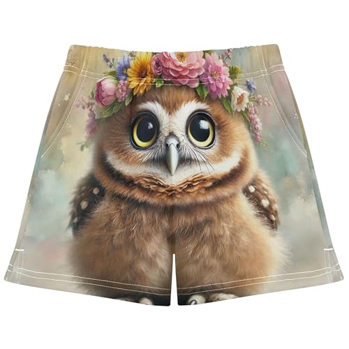 Girls Athletic Lounge Shorts Cute Floral Crown Owl Print Kids Comfy Sleep Pajama Shorts Summer Activewear, X-Small